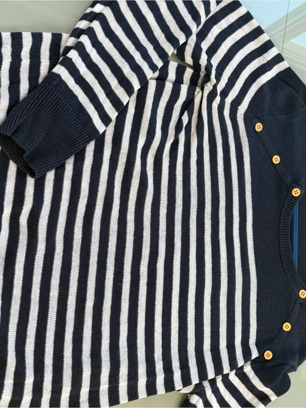 J. Crew Navy and White Striped Crewneck Sweater with Button Shoulder